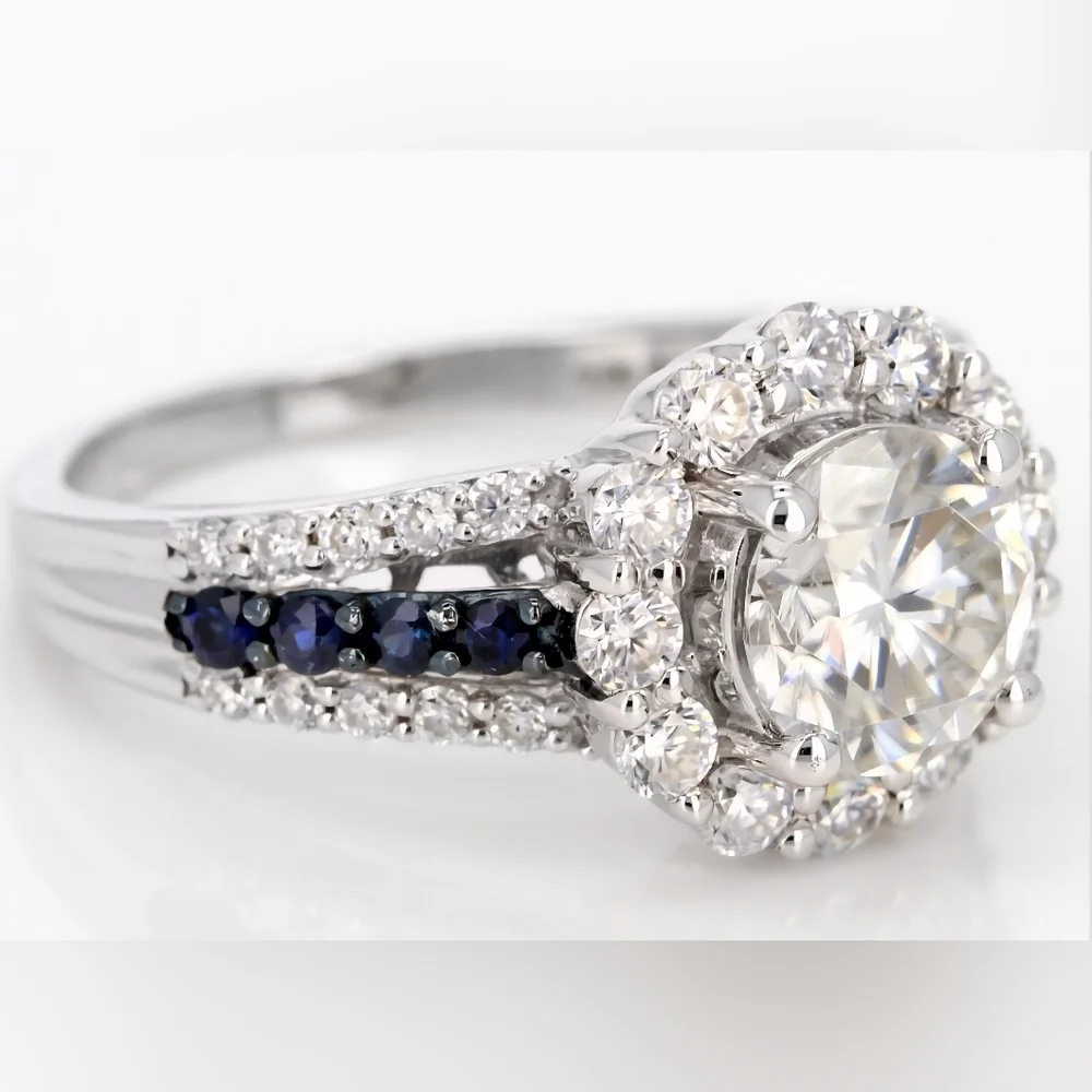 Moissanite Fire Blue Sapphire Platineve 925 Silver Ring - Picture 5 of 16